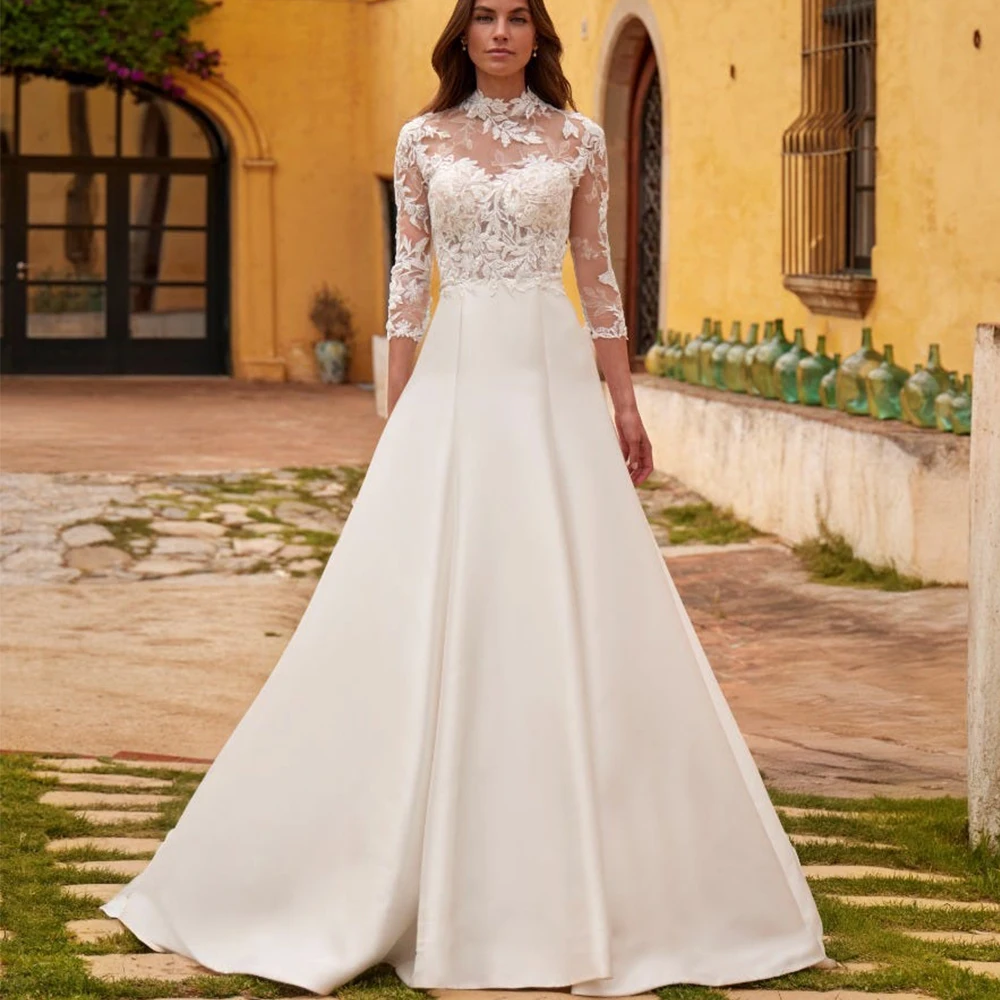 

Elegant High Neck Three Quarter Sleeve Wedding Dress Applique Tulle Illusion Bride Customized Sweep Train فساتين حفلات الزفاف
