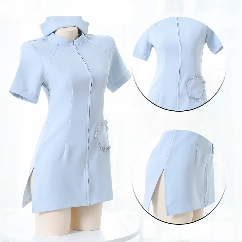 Anime Nurse Cosplay Costume Cute Blue Short Sleeve Dress Uniform with Hat Set for Women Nightdress Home Wear Roleplay Outfit view 2