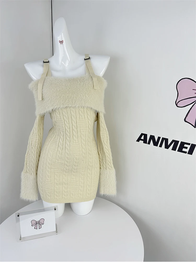 

Autumn Winter Coquette Mini Knit Dress Party Women Long Sleeve Slash Neck Frock One-Piece Aesthetic Evening Cute Core Gyaru Y2k