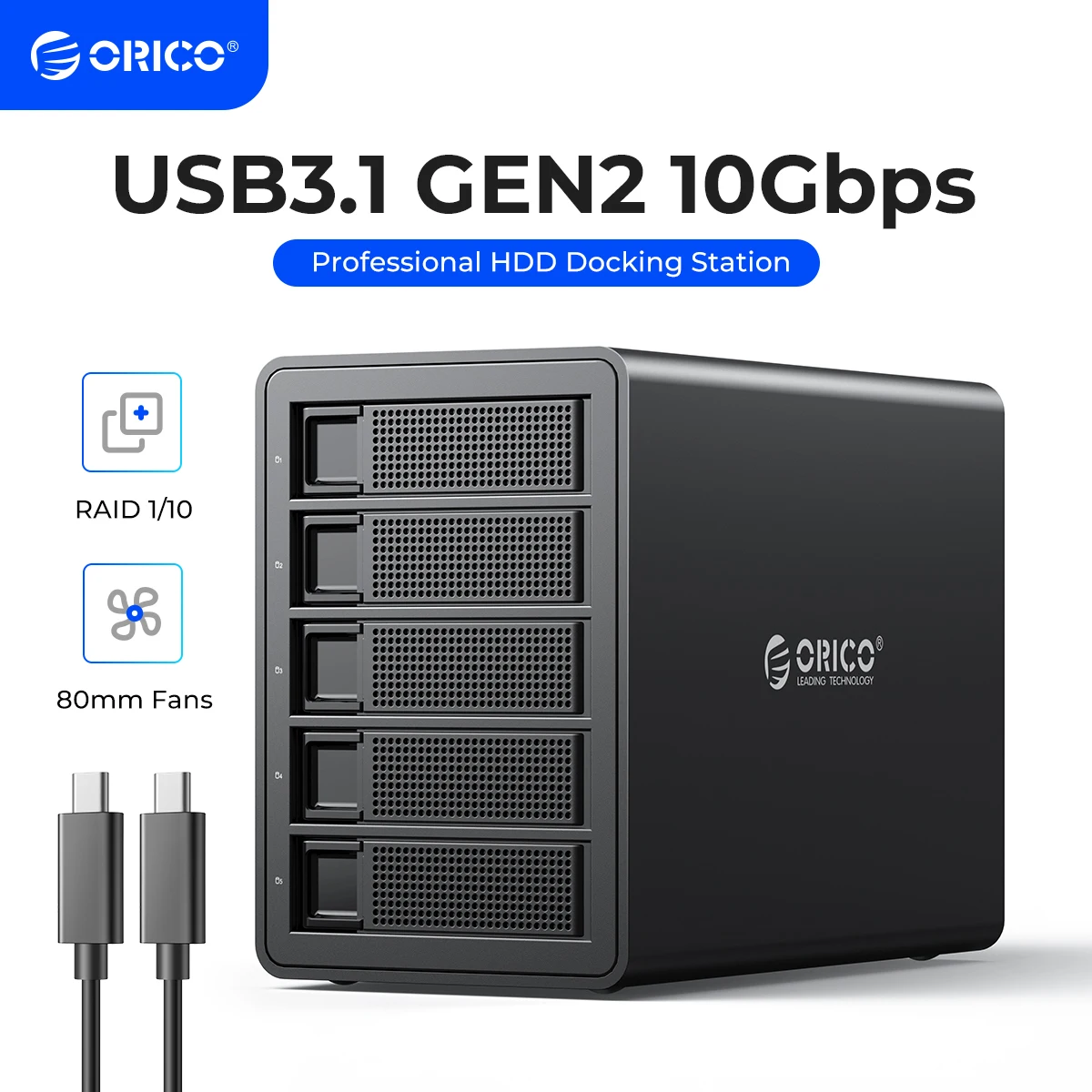 Estação de acoplamento ORICO 35 Series Type-C HDD 10 Gbps 5 baias de grande capacidade para caixa de disco rígido de 3,5 polegadas para mineração de