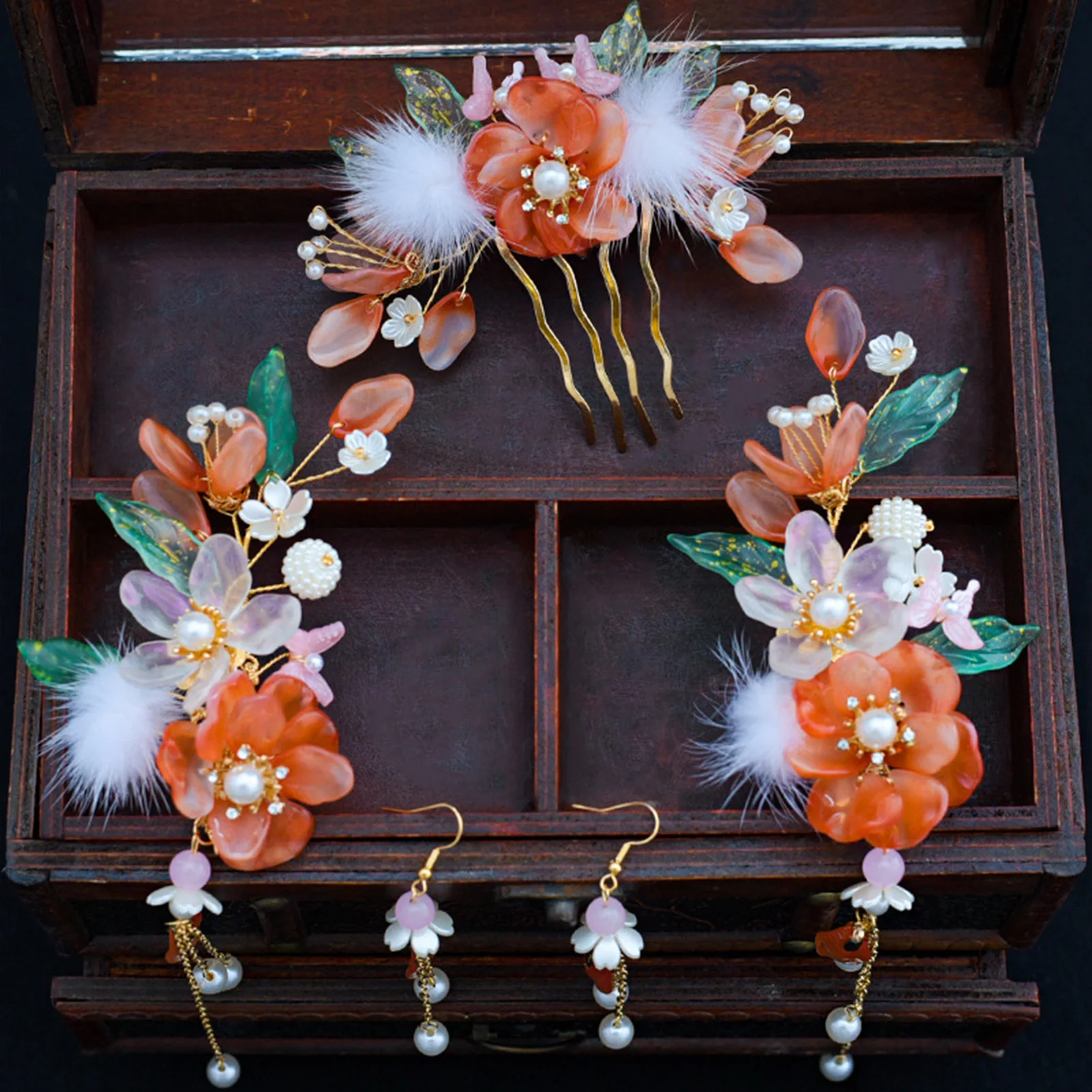 Vintage Hair Stick Earring Chinese Jewelry Sets For Women Floral Tassel Pearl Hair Clip Hairpin Fairy Tiaras Wedding Accessories