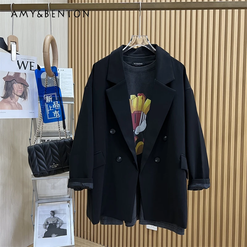 Autumn New Fashion Loose Oversize Double Breasted High Quality Simple Suit Coats Small Suits Ladies Blazers Casual Jacket Women