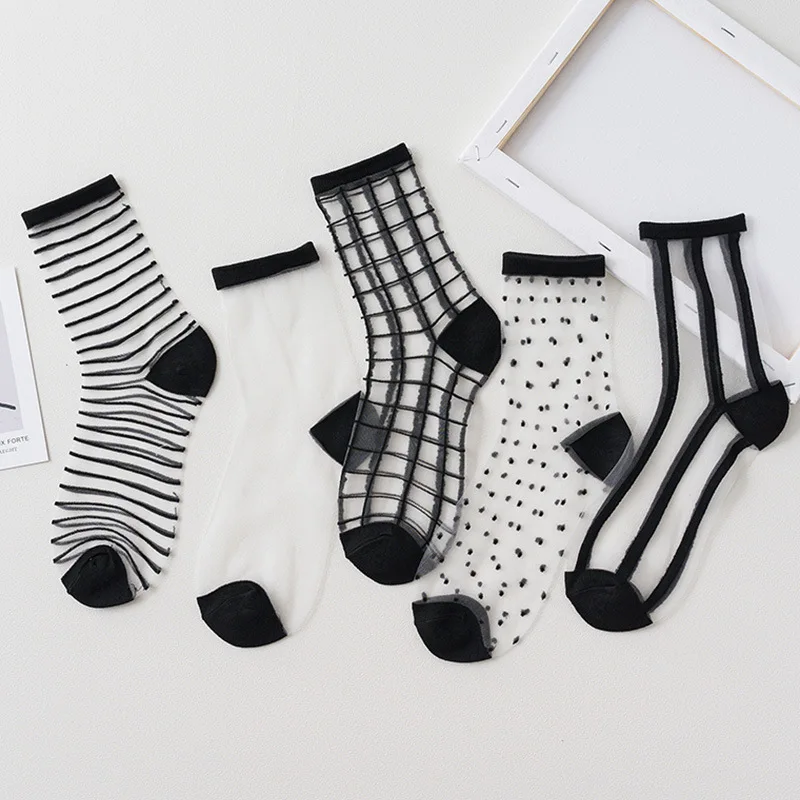 Thin Spring and Summer Women's Striped and Checkered Mid-Calf Socks, Simple and Academic Style, Crystal Socks