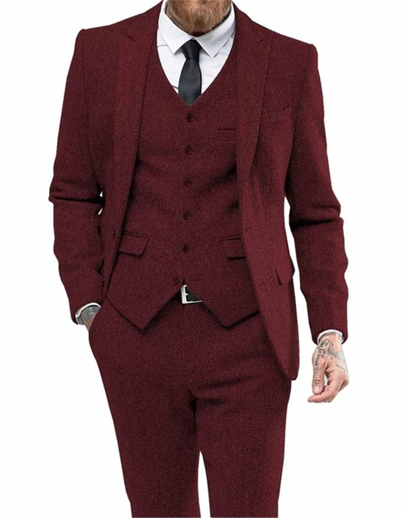 

Burgundy Mens Suit Wool Herringbon Slim Casual Formal Business Groom Tweed Tuxedo Wedding 3 Piece Suit+Pants+Vest