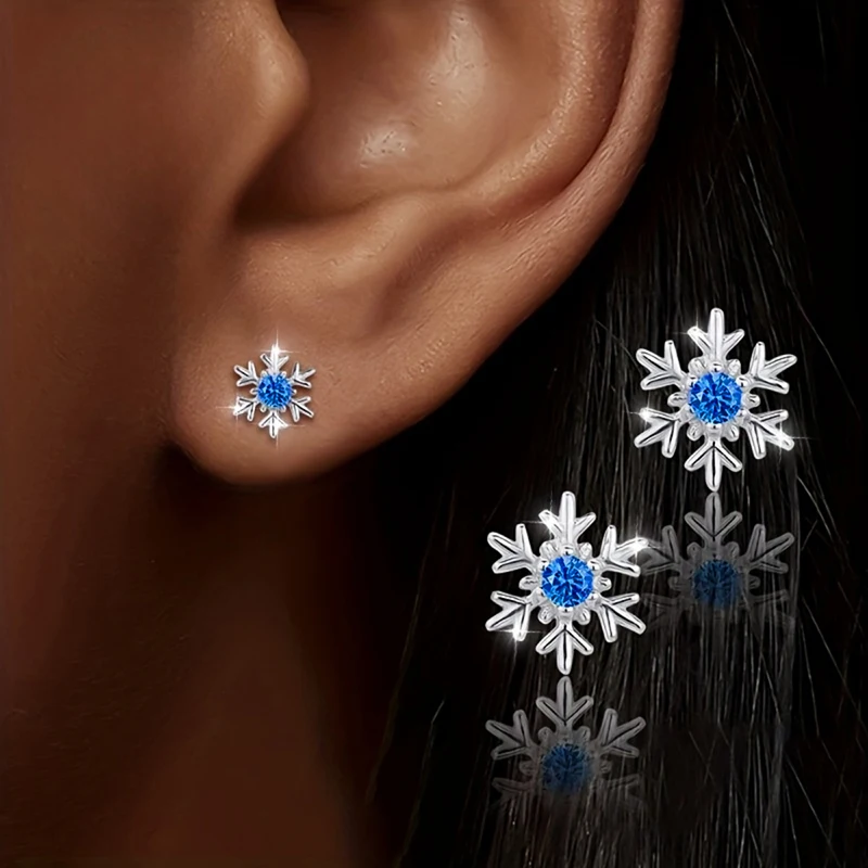 Huitan Romantic Blue Cubic Zirconia Snowflake Stud Earrings for Women Christmas Holiday Party Ear Studs Silver Color Jewelry