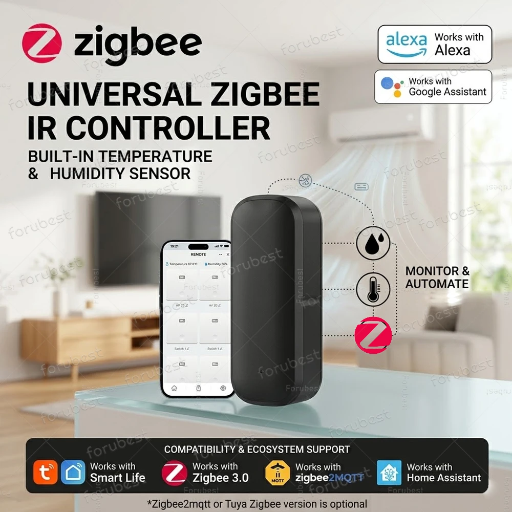 Télécommande intelligente Zigbee IR avec capteur de température et d'humidité, Blaster infrarouge universel sans fil pour l'automatisation Zigbee2MQTT TUYA Smart Life