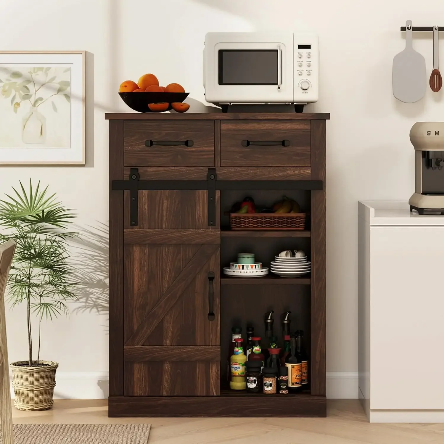 Farmhouse Storage Cabinet Modern Buffet Sideboard with 2 Drawers & Barn Door Freestanding Kitchen Pantry Cabinet Coffe