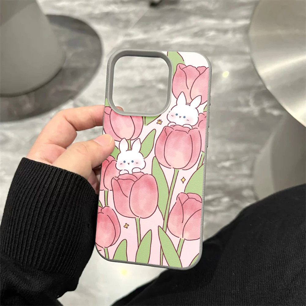 Rosa Tulpe Weißer Hase Handyhülle für iPhone 17 16 15 14 13 12 Pro Max 16 15 14 Plus 17 16 15 14 Pro 17Air Silikon Matte Hülle – Detail 9