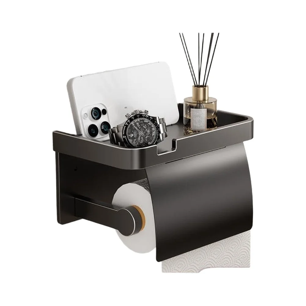 Toilet Paper Dispenser with Lid and Built-in Shelf - Self-Stick Aluminum Holder for Humid Bathrooms 18.5 cm x 9 cm x 9 cm