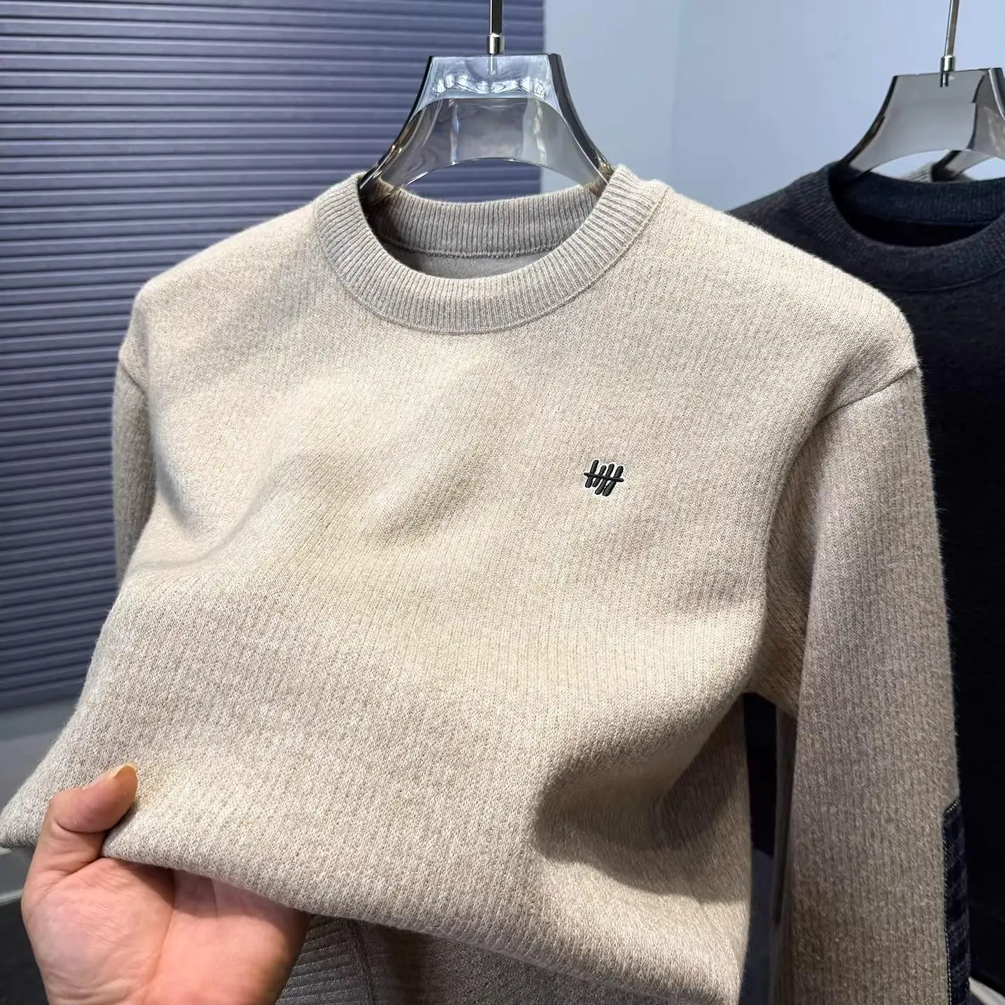 

Thiened Embroidered Hoodie Men's Casual Sle Long Sve round Ne Sweatirt Pure Color Wear-resistant Autumn Winter Clo...