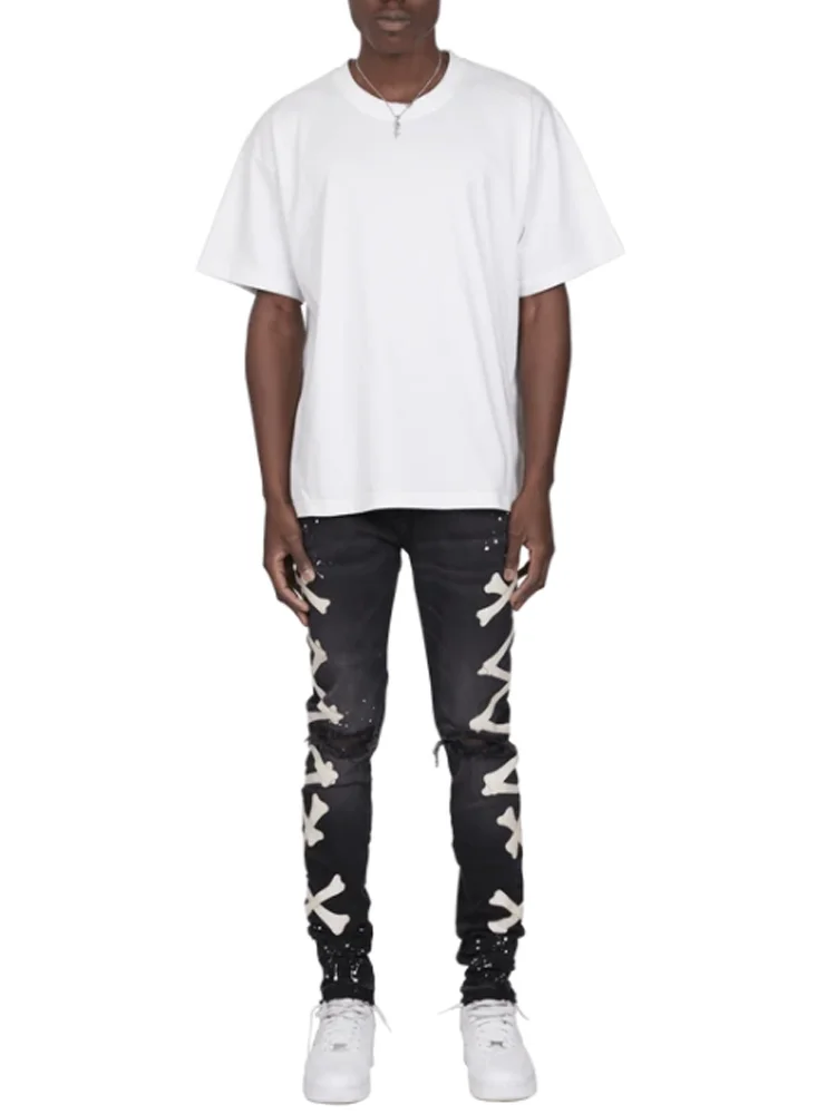 Jeans For Men 2023 Gradient Color Ripped White Dots Jeans Male Motor Biker Skinny Jeans Homme Men's Clothing Zipper Denim Pants