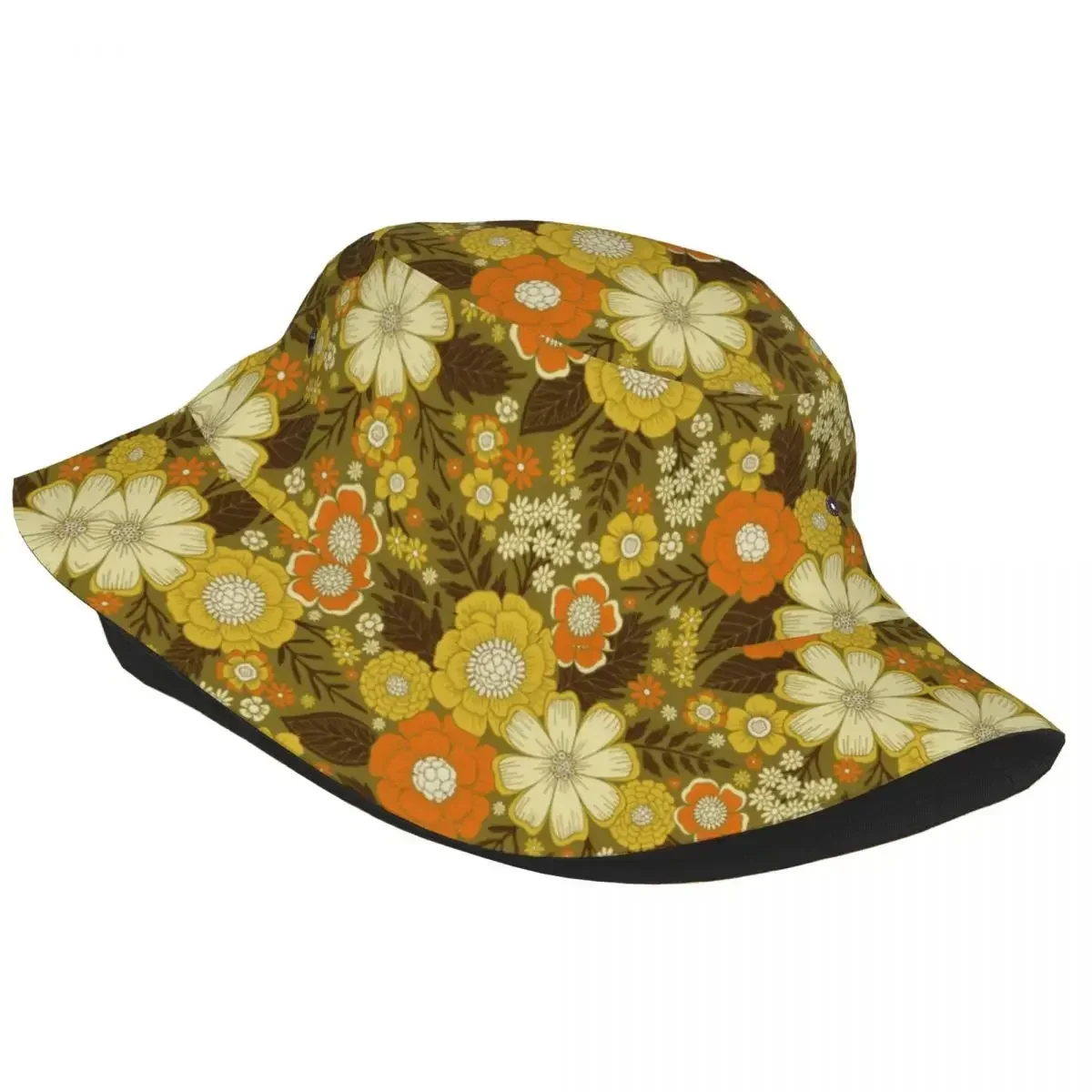 Custom Abstract 1970s Hippie Sunflowers Daisies Pattern Bucket Hat for Women Men Printed Summer Beach Sun Fisherman Cap