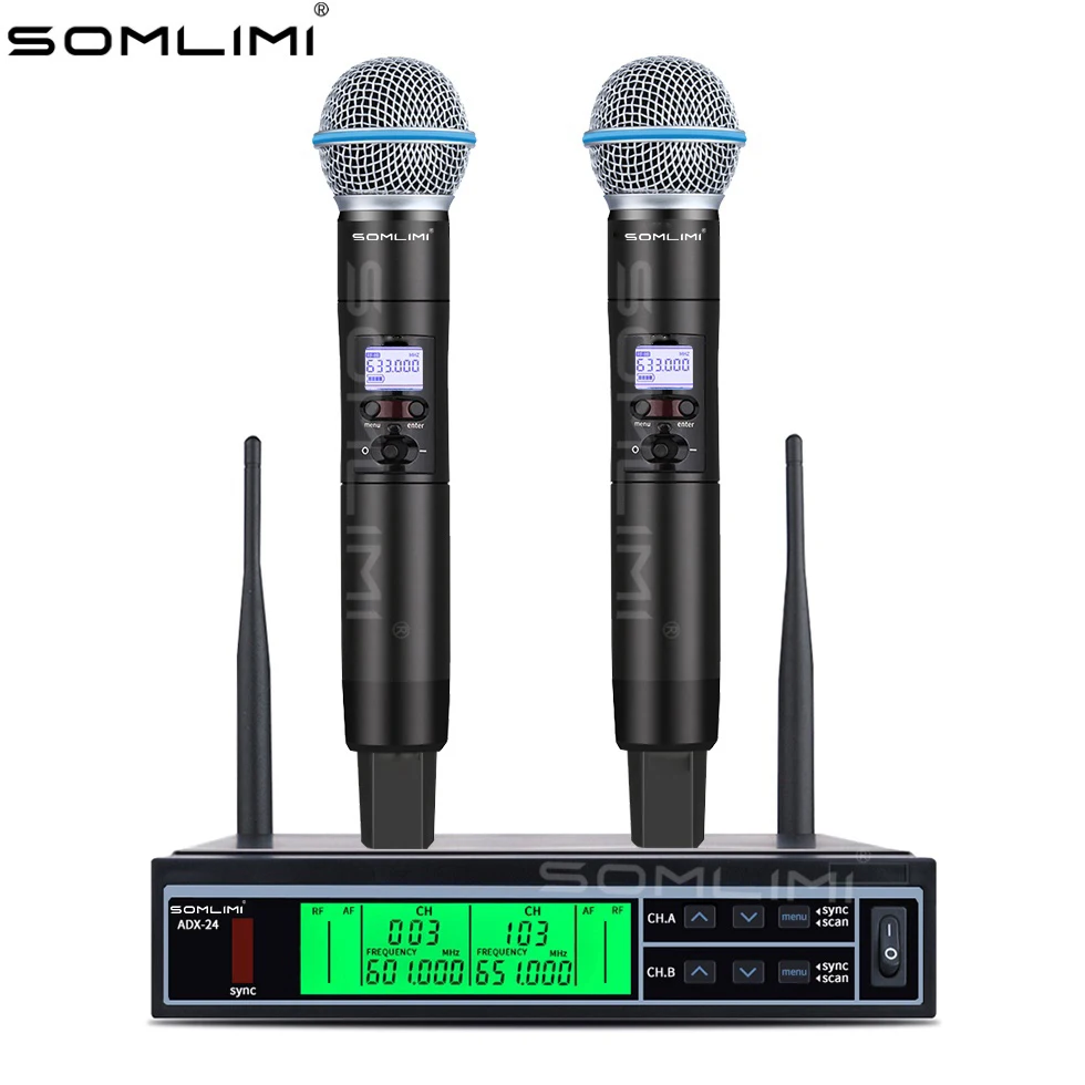 

SOMLIMI ADX24-SLXD металлический портативный профессиональный беспроводной микрофон двухканальный сценический домашний караоке-вечеринка