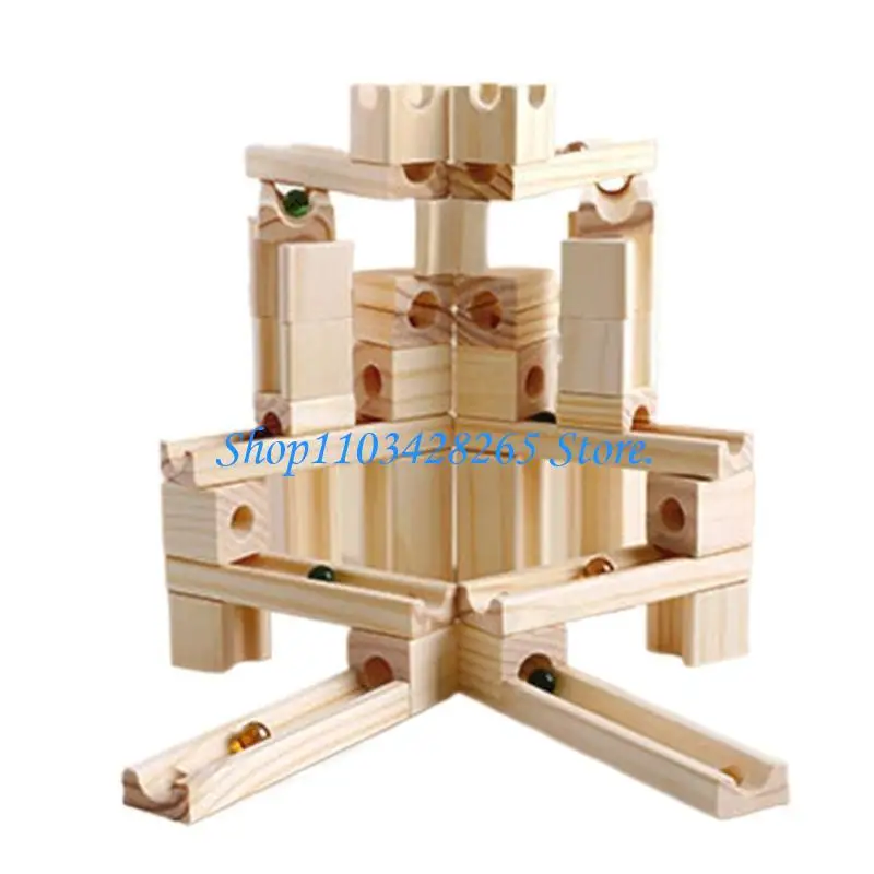 60pcs Wooden Marble Track Assembly Building Blocks Ball Puzzle Children Educational Kids Gift G2TE