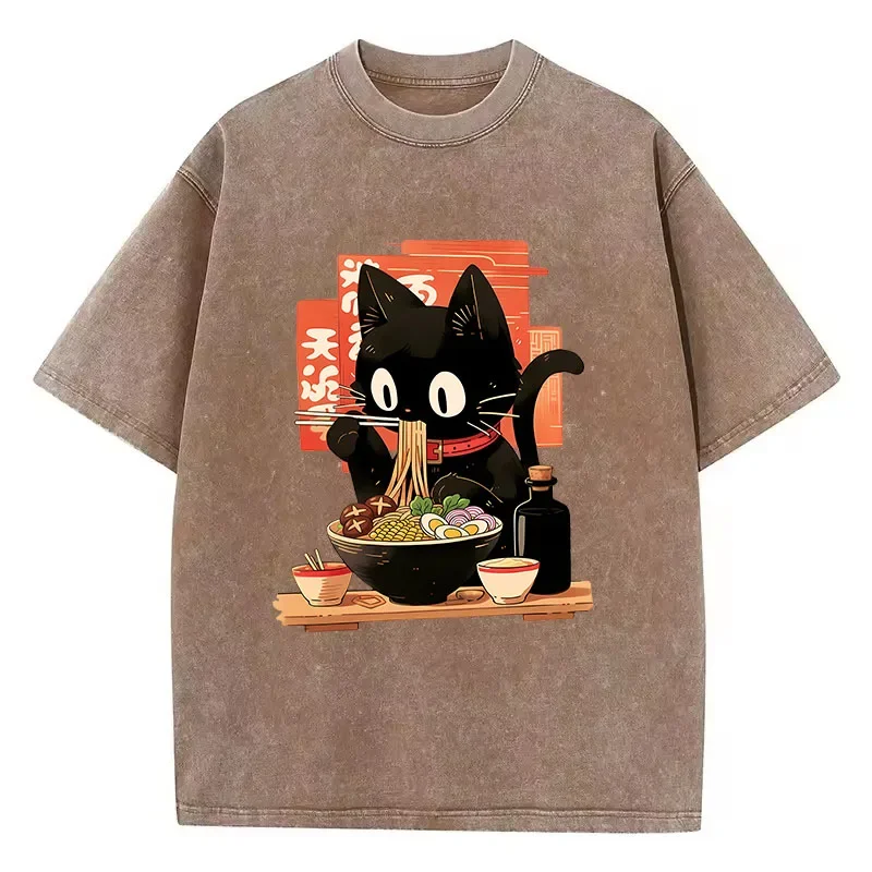 Streetwear T Shirt Vintage Washed 100% Cotton T-Shirt Black Ramen Cat Japanese Anime Style Graphic Tee Casual Spring