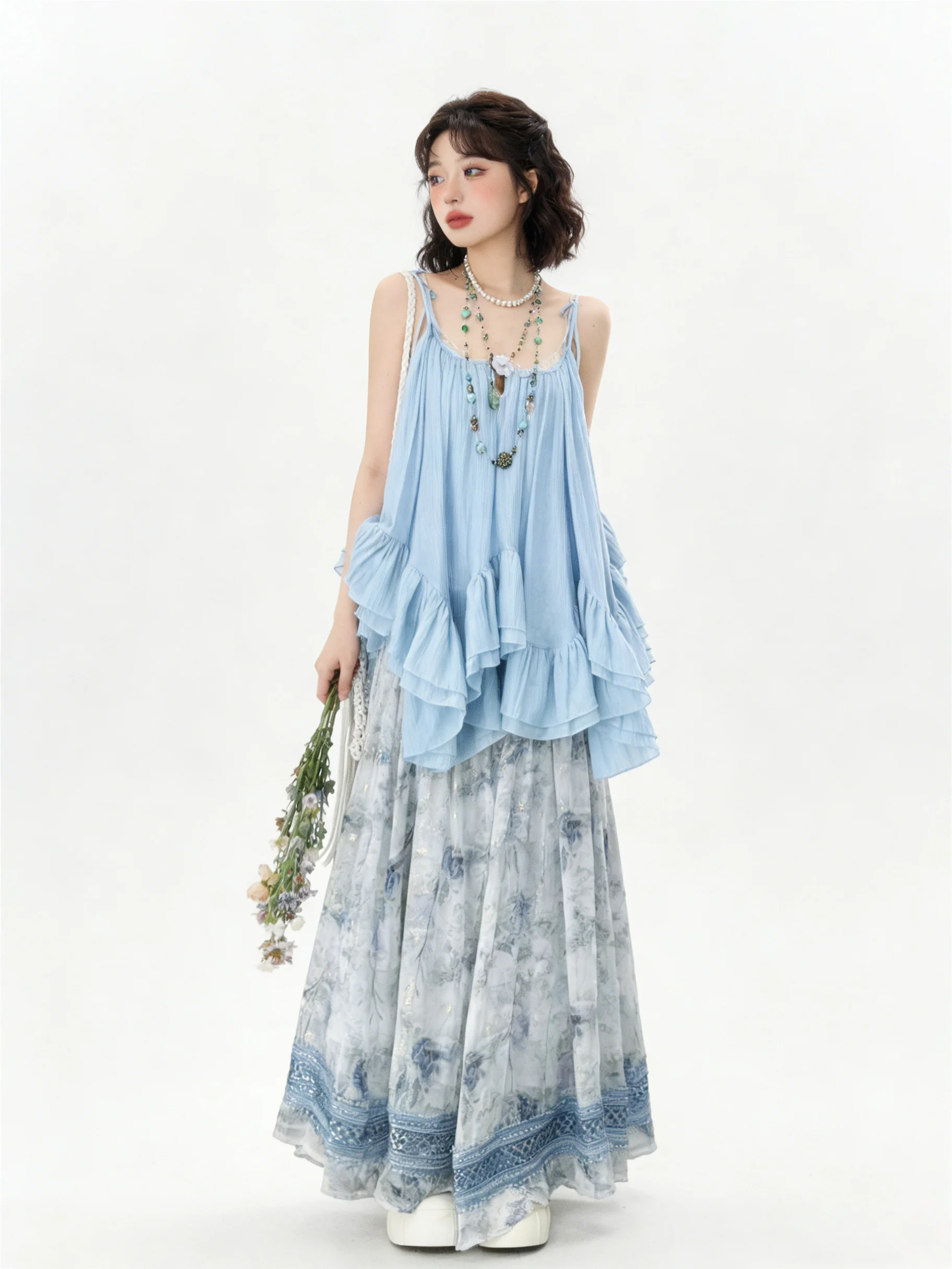 Stunning Summer Beach Vacation Style Blue Lace Trim Halter Dress Set Women's High Waist Skirt Two-Piece Suit Breathable Light...