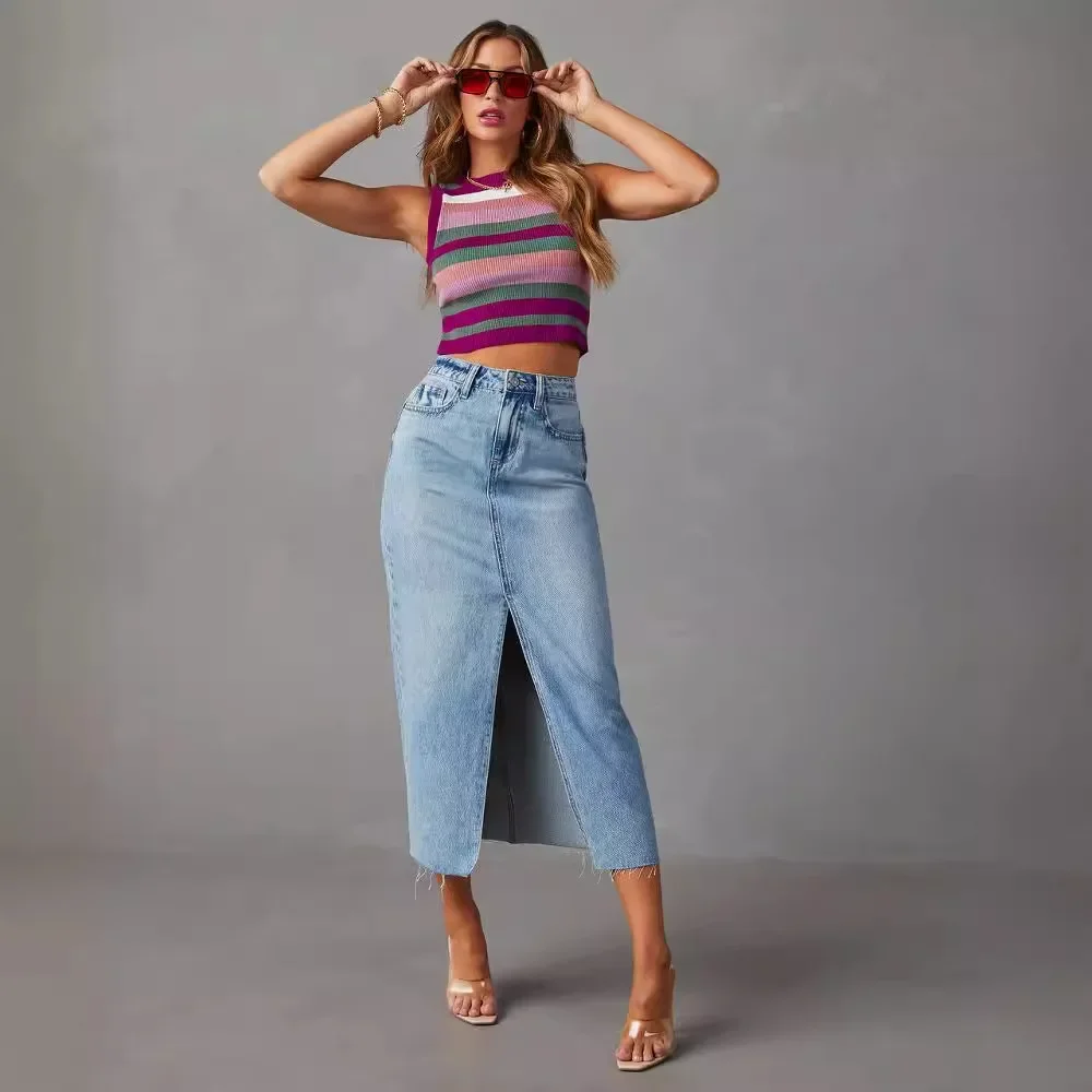 Women Streetwear Denim Skirt Split Hem High Waist Button Pockets Distressed Washed Long Skirts Casual Female Vintage A Line