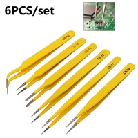 1/6pcs Anti-Static Stainless Steel Tweezers Precision Maintenance Industrial Repair Curved Tool Working Model Making Hand Tool