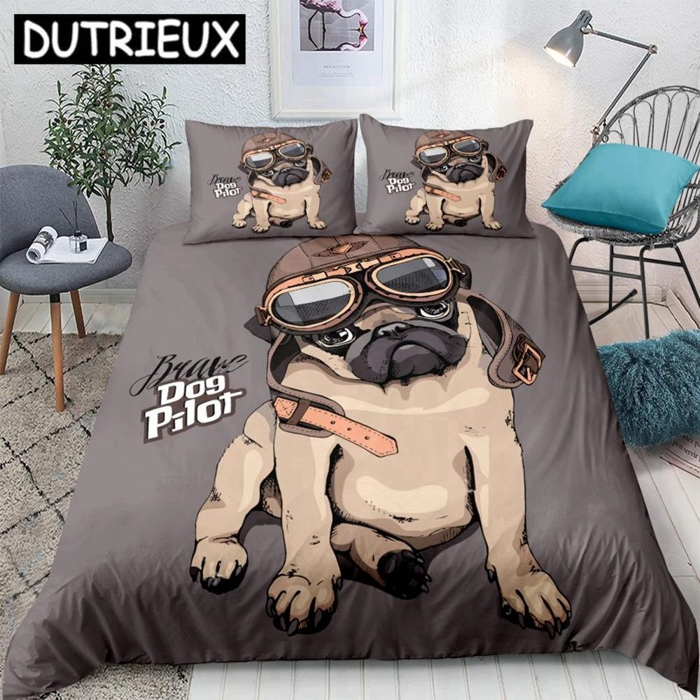 Cartoon Pug Dog Duvet Cover Set 3D Pilot Cute Animal Bedding Set Kids Boys Bed Linen Pillowcases Twin Full Home Textiles 3pcs