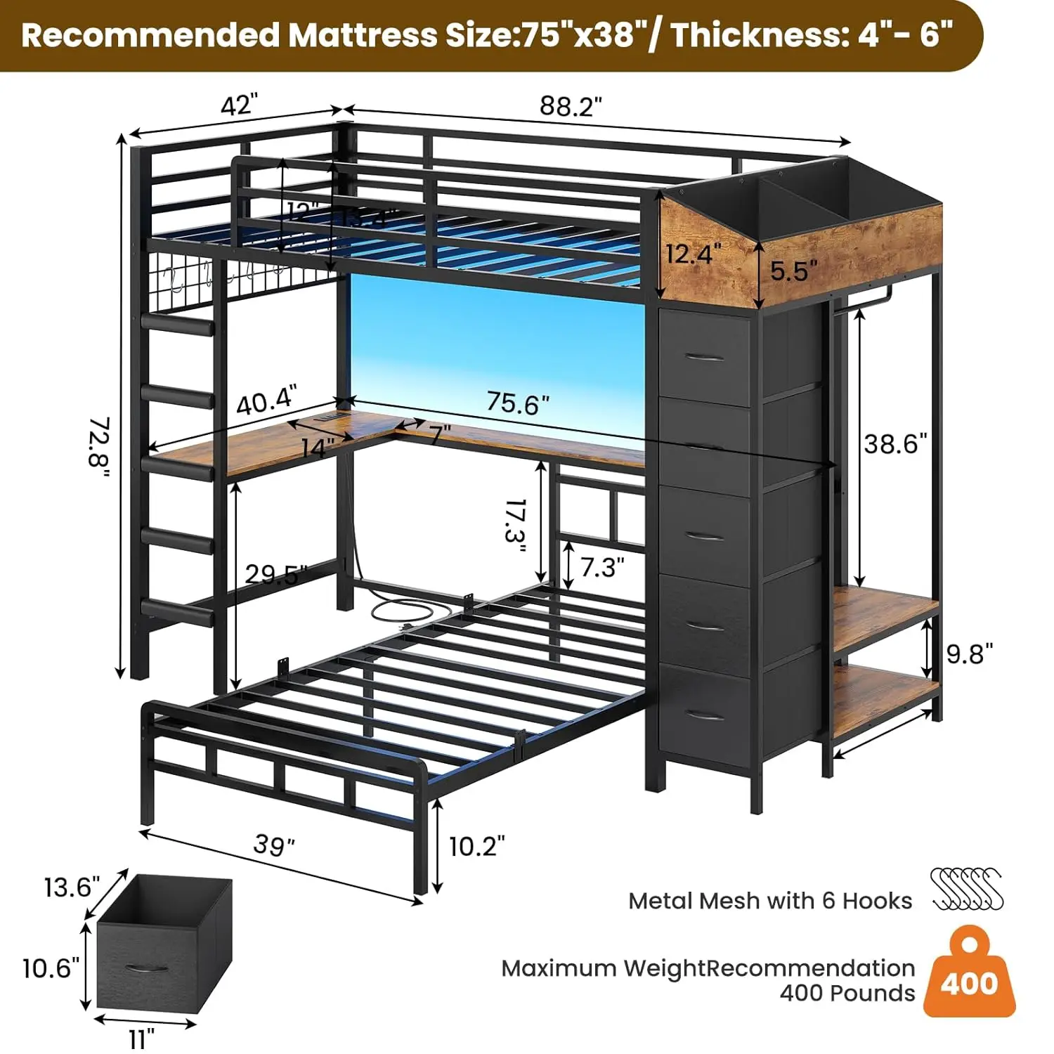 Bunk Bed Twin Over Twin with 5 Storage Drawers, LED Lights and Hall Tree, L-Shaped Bunk Bed with Desk, Charging, Customized view 2