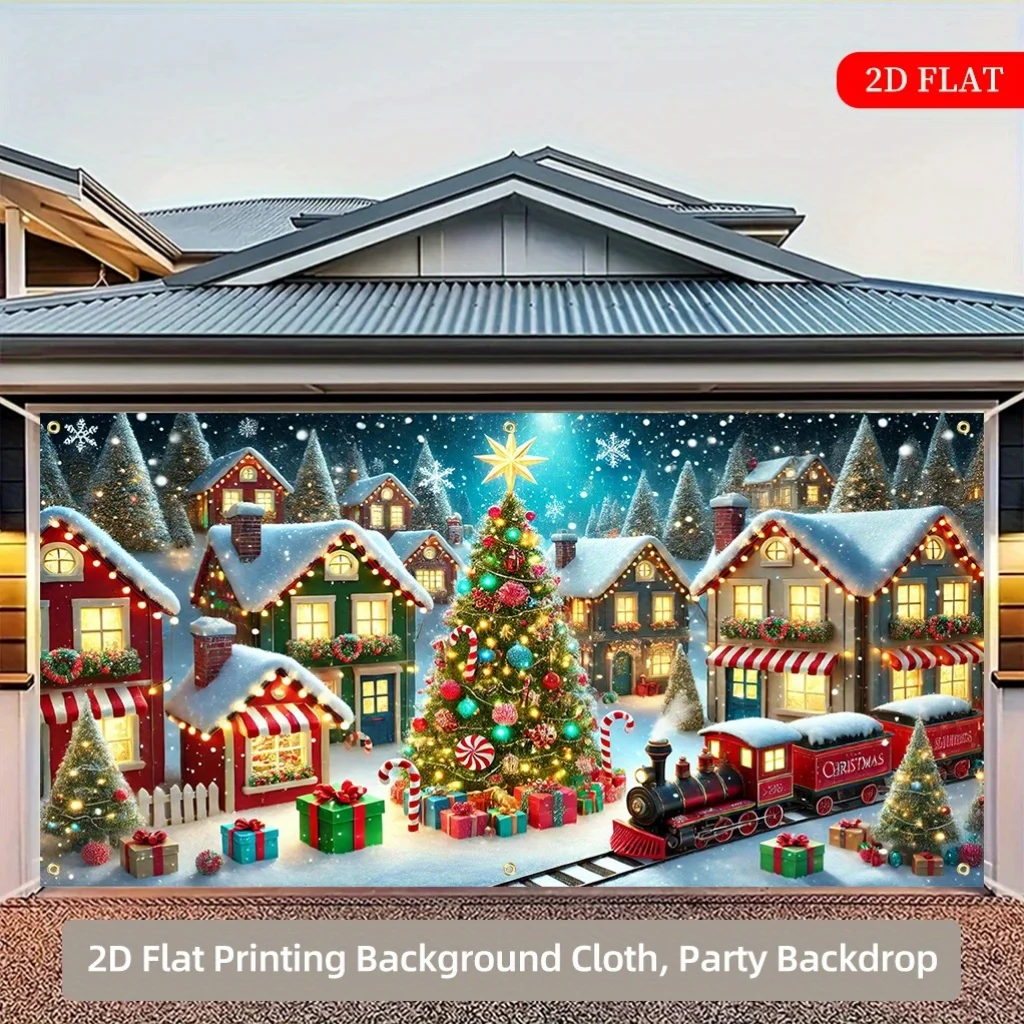 1 Stück 2D-Hintergrundstoff für Feiertage, Weihnachtsstadt, Schneedorfszene, Zug- und Geschenkdesign, keine Strom erforderlich – lb