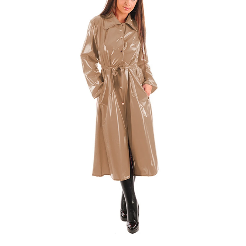 Women\'s PU Leather Turn-Down Collar Midi Trench, Shiny Faux Leather, Button-Up, Long Sleeve Dress Coats with Belt, Sexy Wet Look