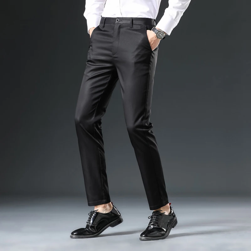 Ultra-thin Elastic Men's Casual Trousers Summer Quick-drying Ice Silk Slim Straight Business Solid Color Trousers Black Gray