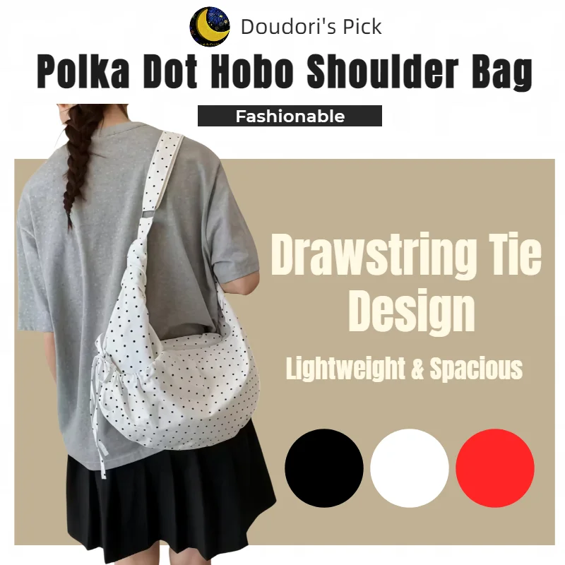 Korean-Style Women's White, Black, and Red Polka Dot Nylon Adjustable Shoulder Strap Drawstring Design Lightweight Large Capacity Hobo Shoulder Bag