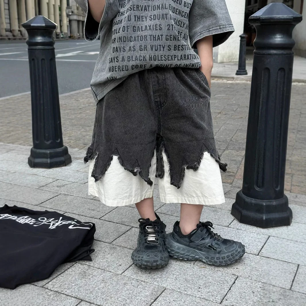 

Spliced Denim Shorts 2025 Summer New Korean All-match Fashion Color Blocked Casual Loose Denim Mid Pants Trendy Cool