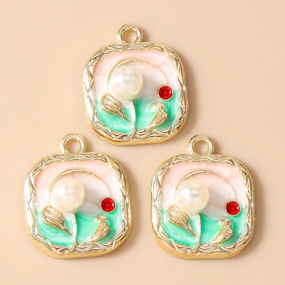 Leslie 10 Stück Retro Goldfarbene Ölgemälde-Perlenblumen-Anhänger für DIY Ohrringe, Halsketten, Handgemachter Schmuckherstellung – Detail 6