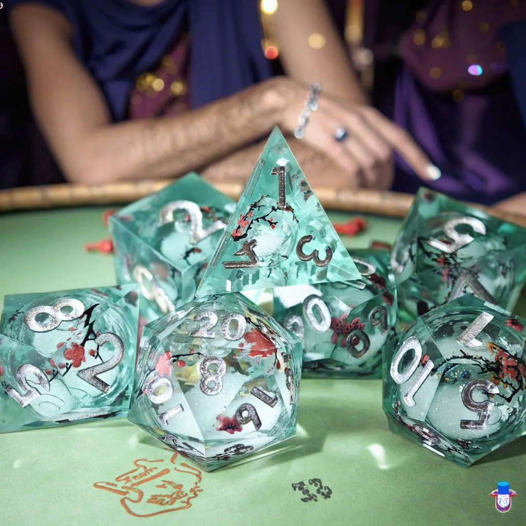 

Набор кубиков MINI PLANET DND с жидким сердечником для TRPG Dungeons & Dragons, настольная игра, острые кубики из смолы ручной работы с цветком сливы D6 D20