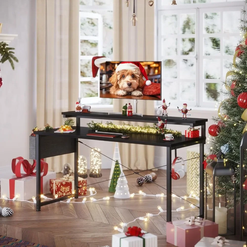 Computer Desk with Adjustable Monitor Shelves, 55 inch Home Office Desk with Monitor Stand, Writing Desk, Study Workstation