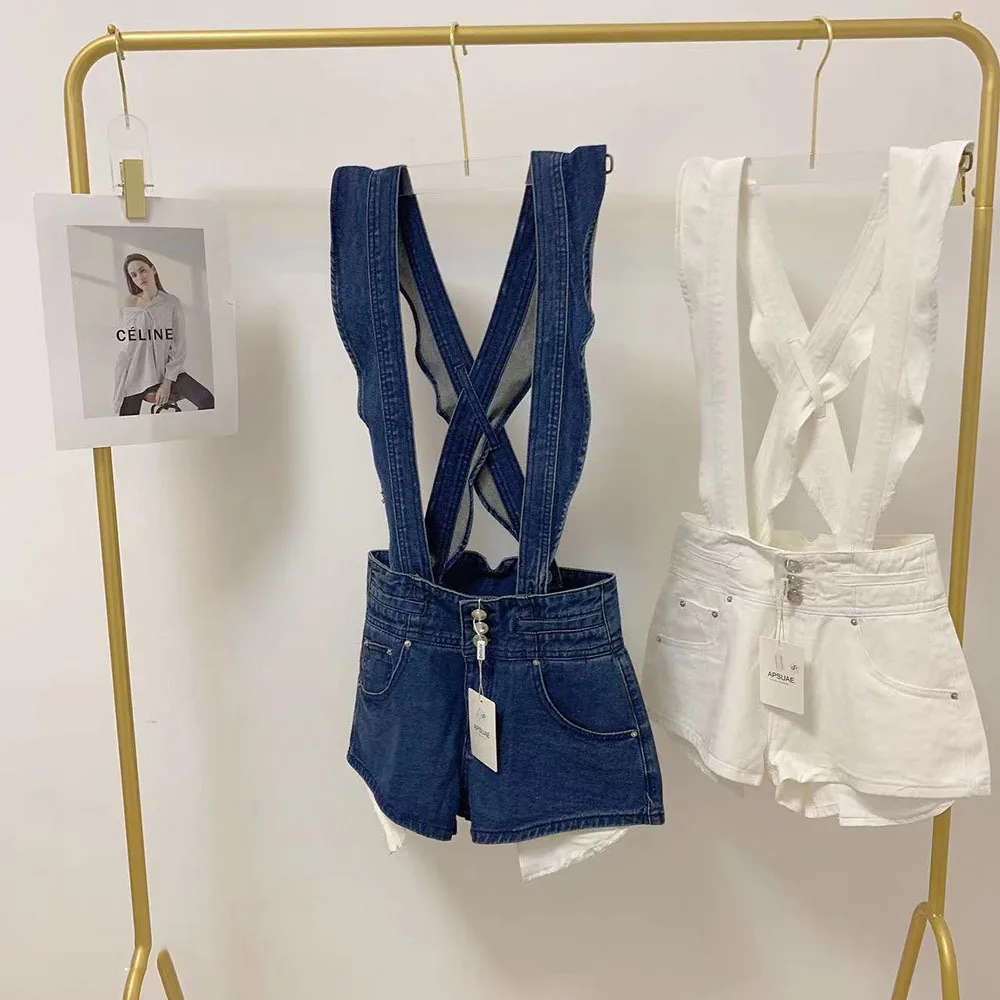 

2023 Summer Shoulder Strap Denim Shorts Women's Clothing Fashion Suspender Jean Shorts High Waist Wide Leg Ruffle Chic Bottoms