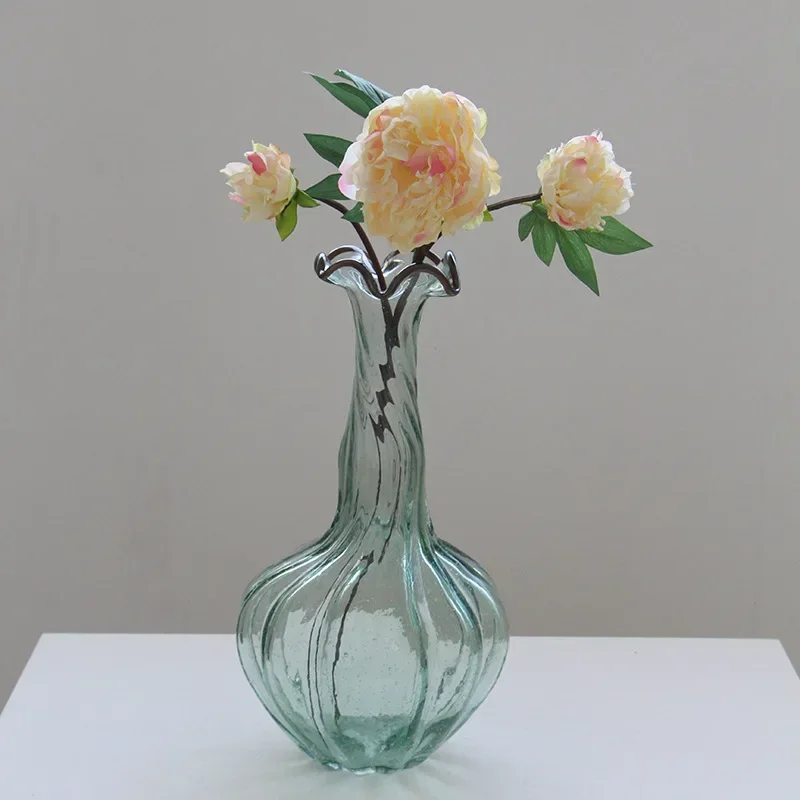 Nordic fatto a mano bocca ondulata pizzo bolla verde collo storto grande pancia vaso di zucca modello camera soggiorno