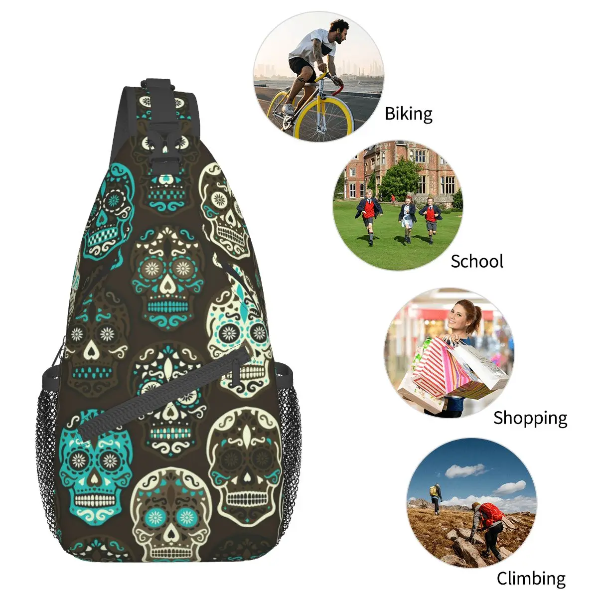 Hipster Morte Crânio Gótico Crossbody Sling Bag Impresso Peito Bag Ombro Mochila Mochila para Caminhadas Viagem Bookbag