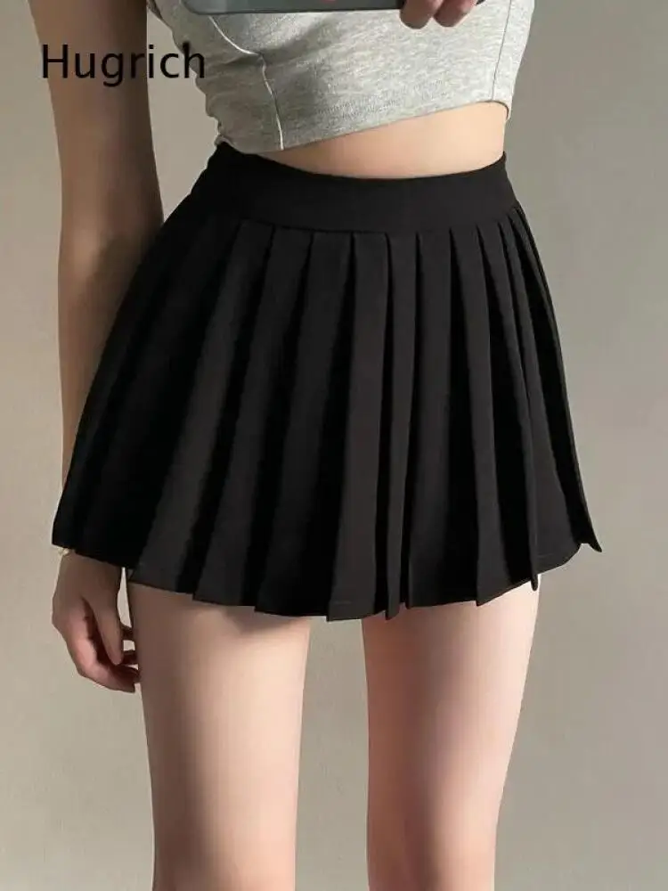 Ladies Solid Black Pleated Short Skirt Elastic High Waist Design A Line Flared Hem Casual Daily Basic Mini Bottoms