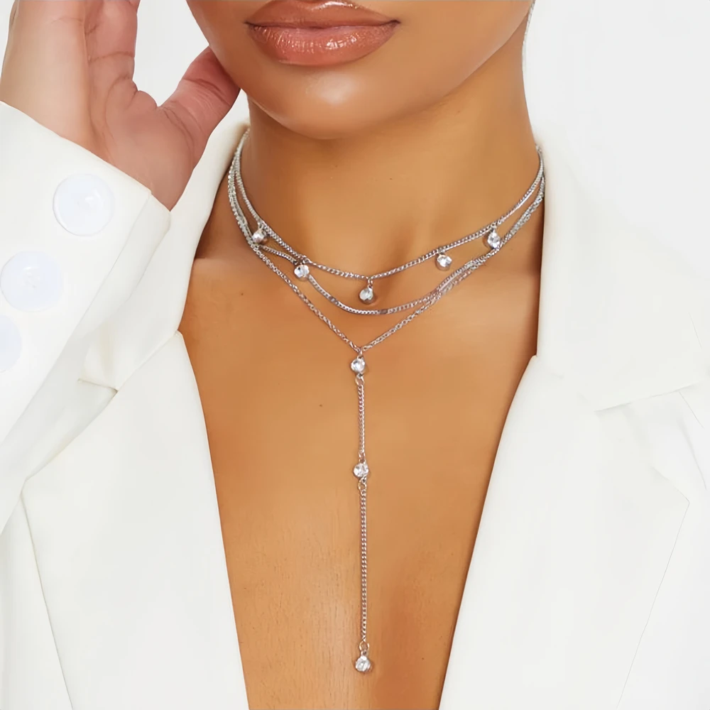 XSBODY Fashion Multilayer Choker Chain for Women Long Pendant Party Gift Exquisite Y shape Crystal Collar Accessories Aesthetic