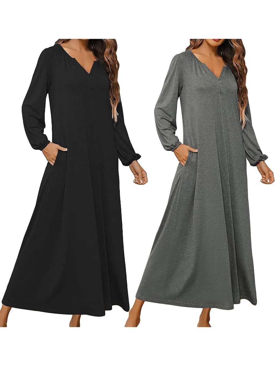 Women Long Nightgown Long Sleeve Sleepshirts Oversized Henley Gray Black Sleep Dress with Pockets Loungewear for Casual Daily