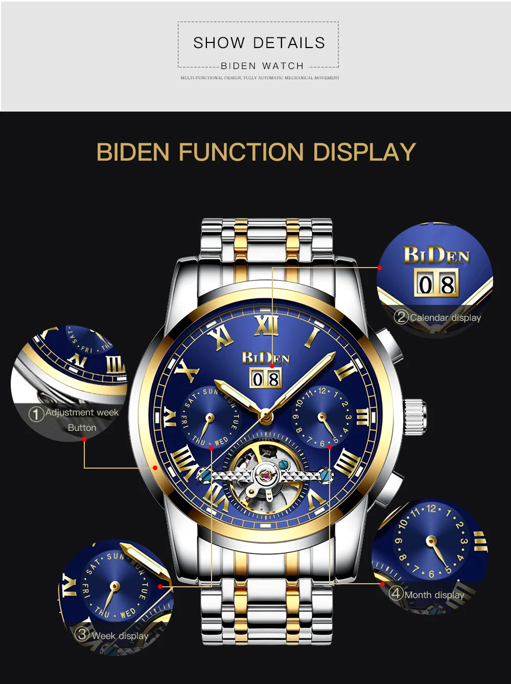 BIDEN Precision High end Men\'s Watch Mechanical Automatic Watch Night Light 30M Waterproof Stainless Steel Strap Business Style