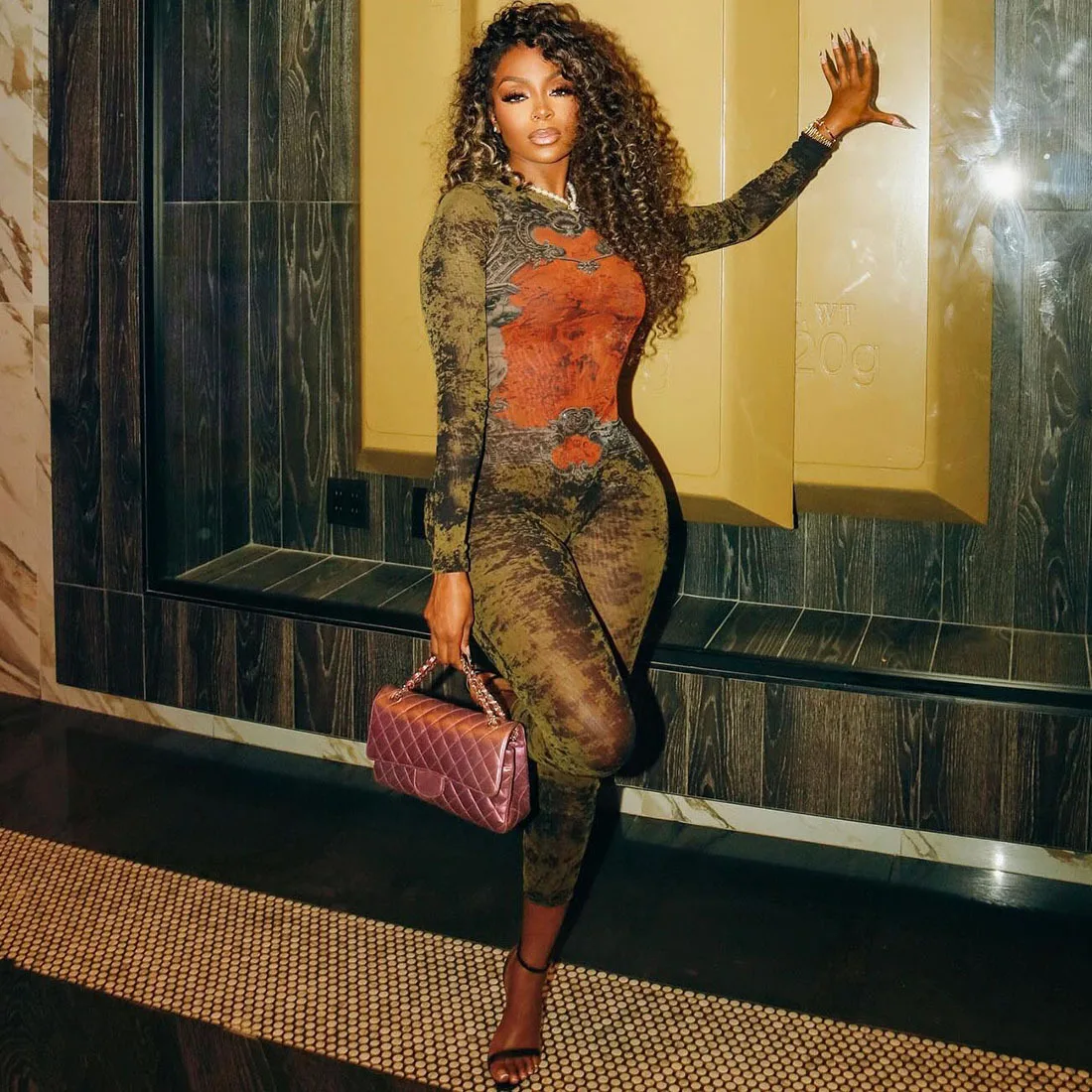 

Europe and America wind summer new women's printed sexy mesh high waist slim zipper long sleeve jumpsuit
