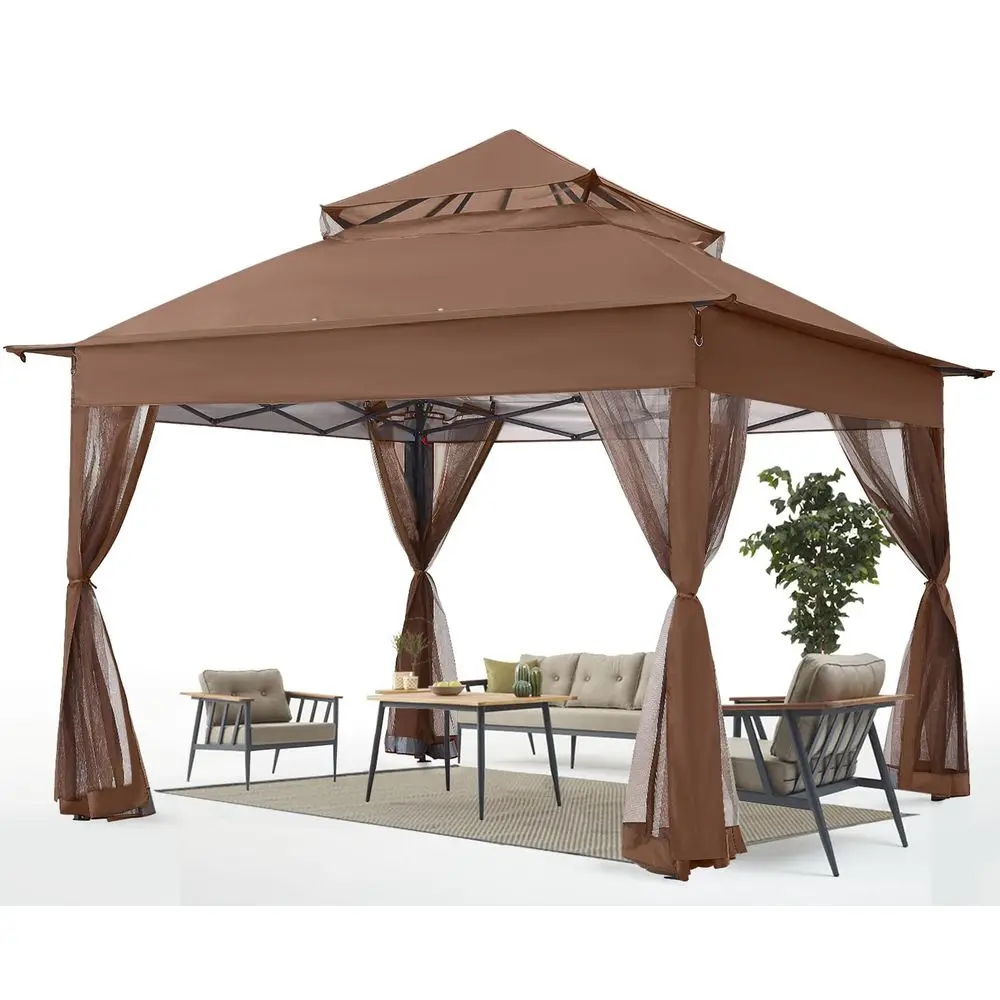 Pop Up Gazebo 11x11 Outdoor Canopy Tent with Mosquito Netting for Patio Garden Backyard Brown