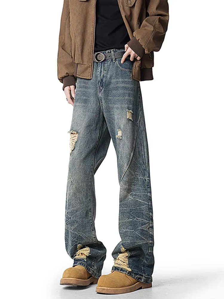 

Мужские джинсы American Waed с высокой талией, прямые, с эффектом потертости, широкие штанины, облегающие, модные