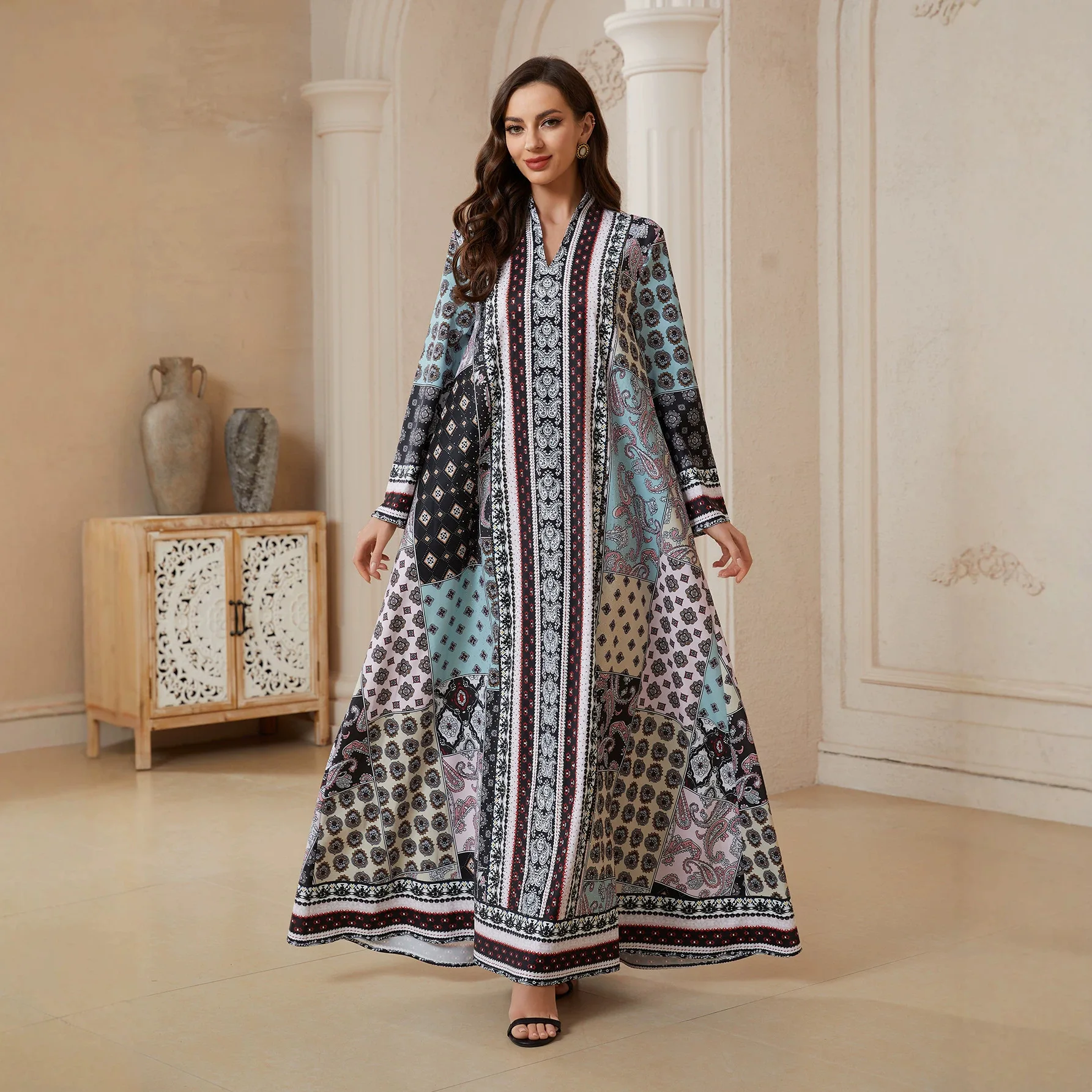 Women Elegant Ethnic V-neck Long Sleeve Printed Loose Fit Casual Trendy Jalabiya Muslim Fashion Female Abaya Dresses Clothes