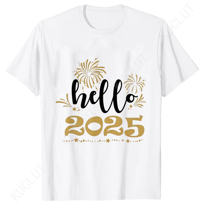 Hello 2025 T-shirty damskie z nadrukiem Moda Casual Ubrania z krótkim rękawem Śmieszne Nowy Rok Kobieta Topy Xmas Holiday Party Prezenty Tees