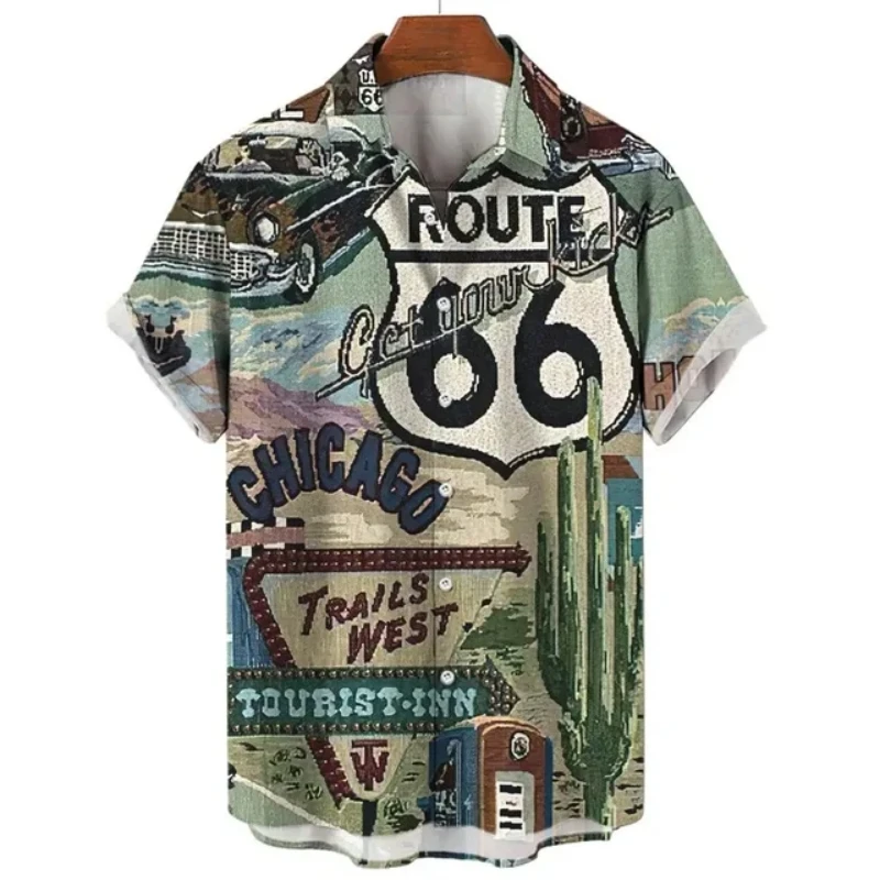 Hawaiian Shirt For Men Us Route 66 Print T-Shirt Summer Loose Retro Lapel Button Shirts Beach Party Clothing Oversized Tops 2024