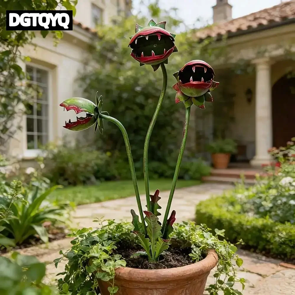 piquet-de-jardin-en-metal-peint-de-25-pouces-fleur-carnivore-3-tetes-de-fleurs-ideal-pour-la-decoration-de-cour-et-de-pots