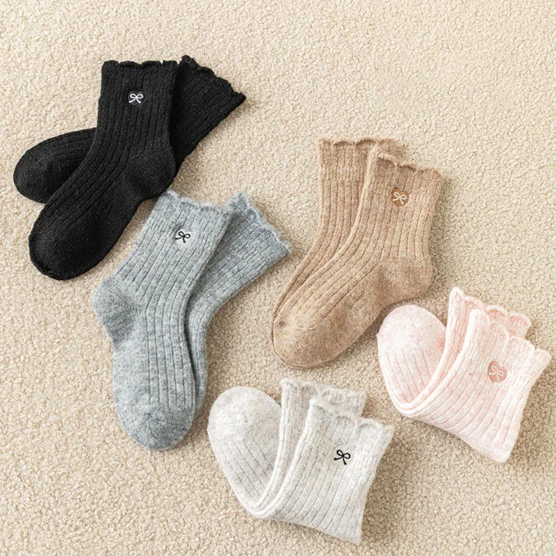 3 Pairs a Lot Winter Girls Sweet In Tube Socks Solid Color Bow Kids Socks Warm Thicken Children Knee-high Socks