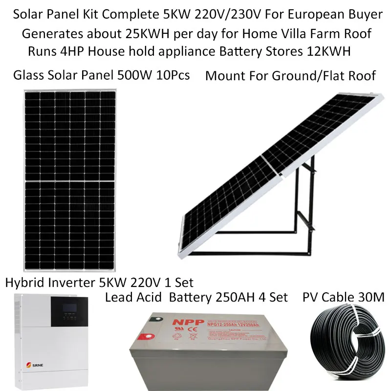 Solar Panel Kit Complete With Battery  5000W 5KW 220v 110V Pv Panel 500W Roof Mount Hybrid Inverter  Off Grid Solar System Home