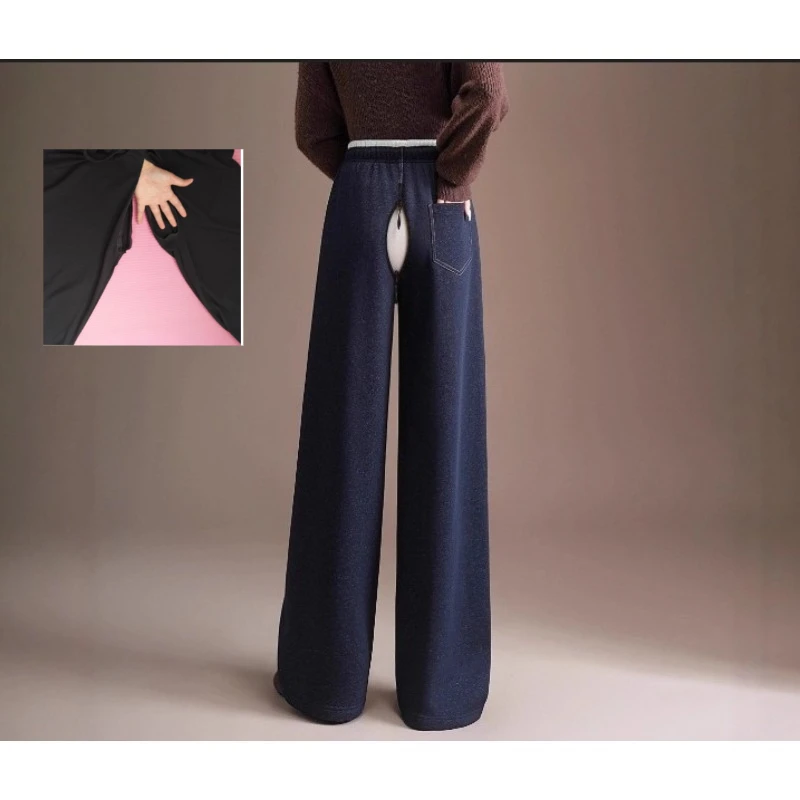 بنطلون نسائي مفتوح المنشعب جينز نسائي عالي الخصر من القطن لخريف وشتاء 2025 فضفاض غير رسمي من القطن المخملي