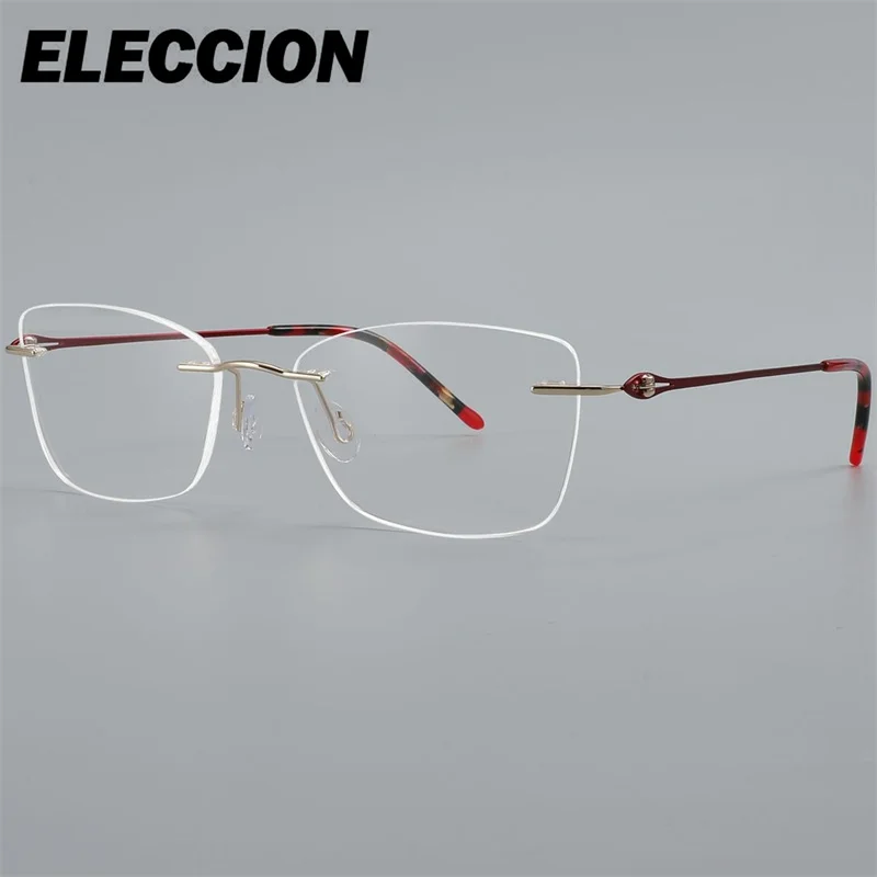 ELECCION Cat Eye Rimless Glasses Frame for Optical Prescription Lenses Women Fashion Ultra Light Titanium Gafas for Lady